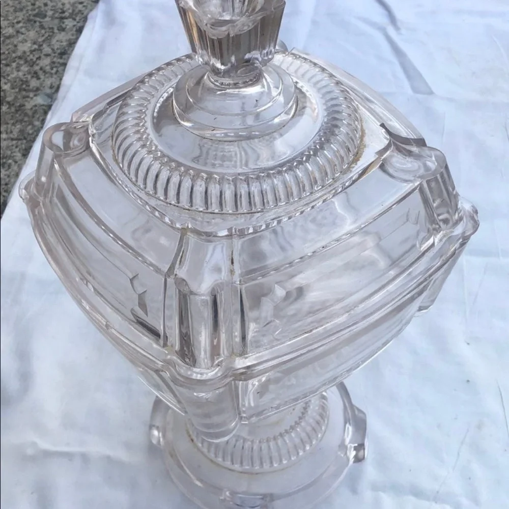 Antique Adams and Co Etched Square Glass Compote with Lid